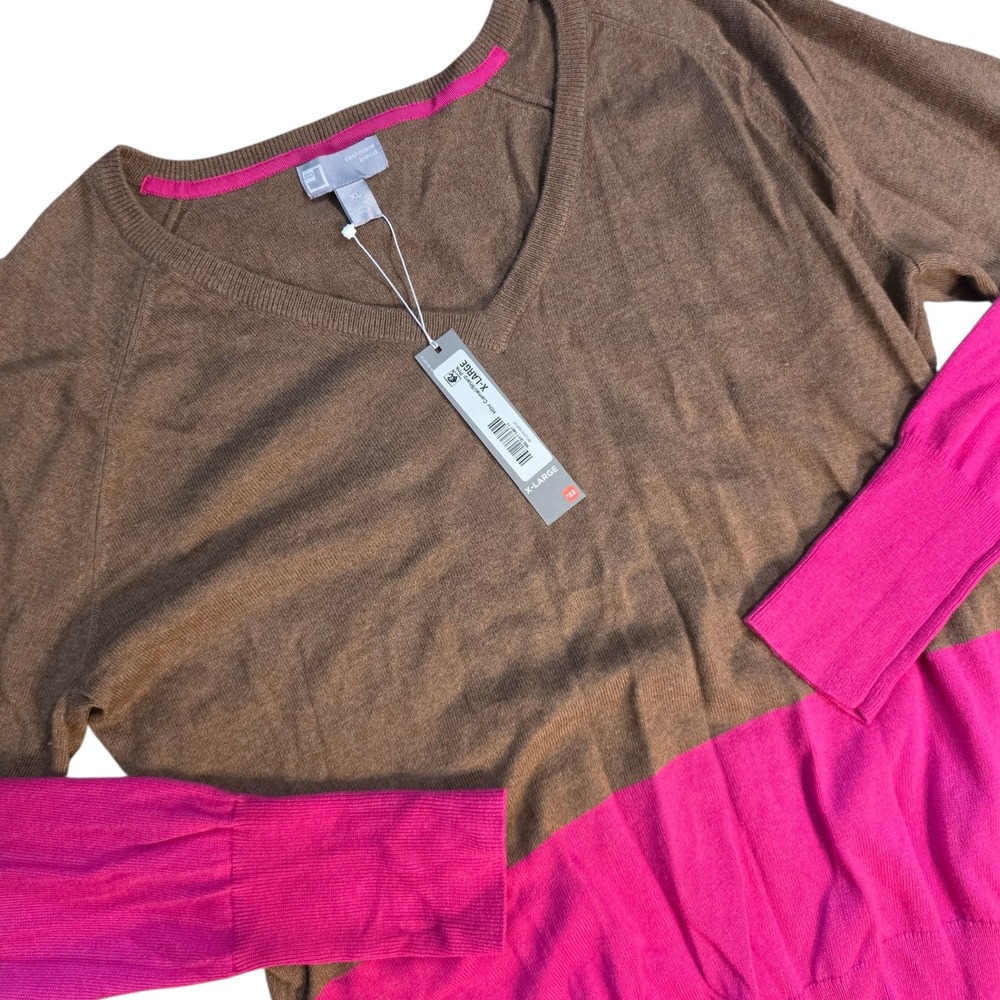 NEW JCP Women XL V-Neck Sweater Brown Pink Colorblock Cashmere Blend Preppy